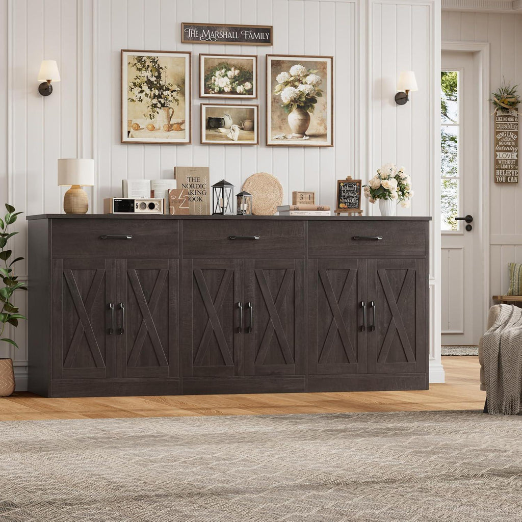Farmhouse Sideboard Buffet Cabinet, 71" Wide Storage, Dark Brown Engineered Wood