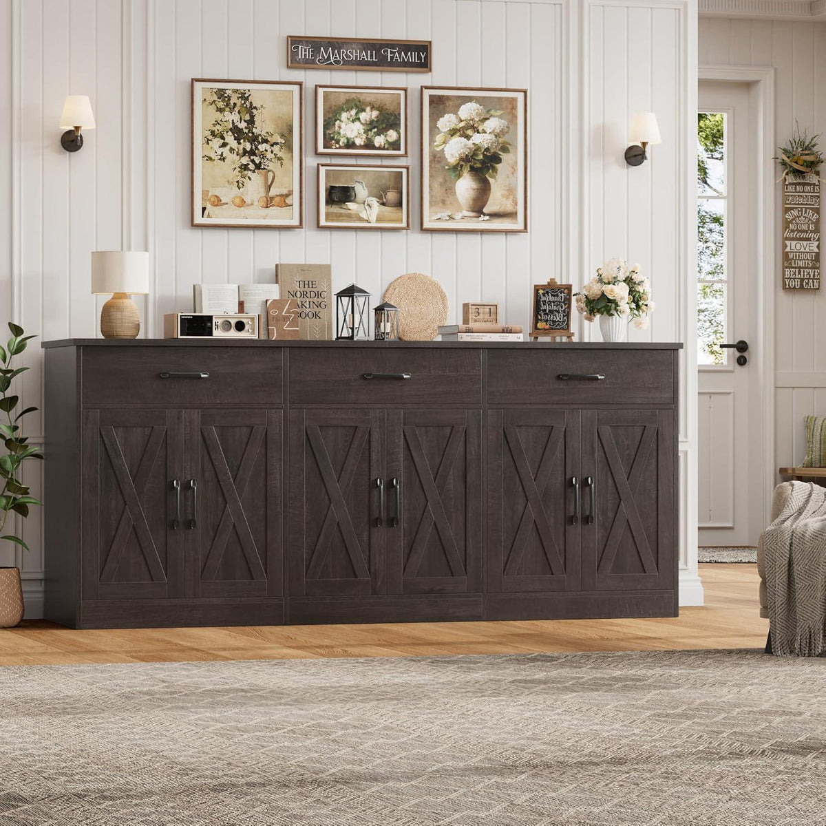 Farmhouse Sideboard Buffet Cabinet, 71" Wide Storage, Dark Brown Engineered Wood