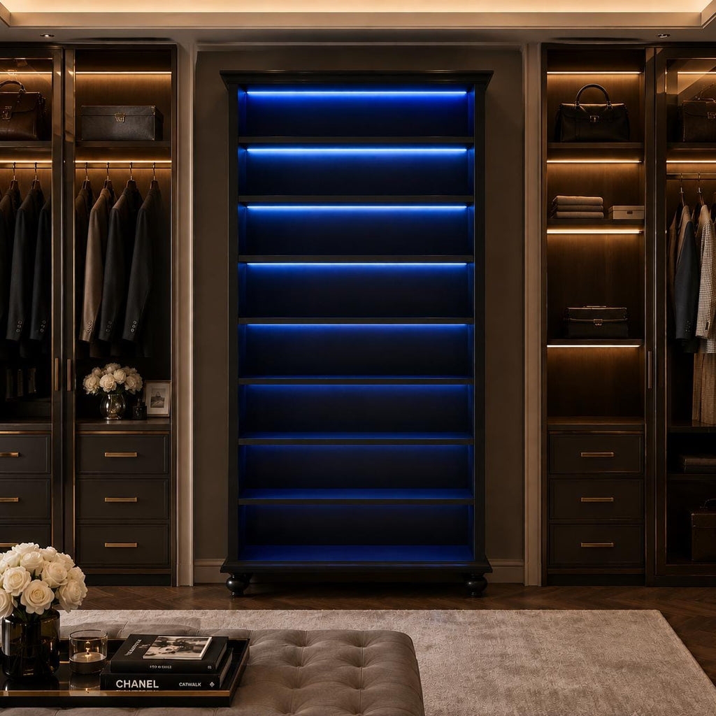 9-Tier LED Shoe Cabinet, 30 Pair Wood Storage Organizer, Adjustable Shelves, 64-Color Lights