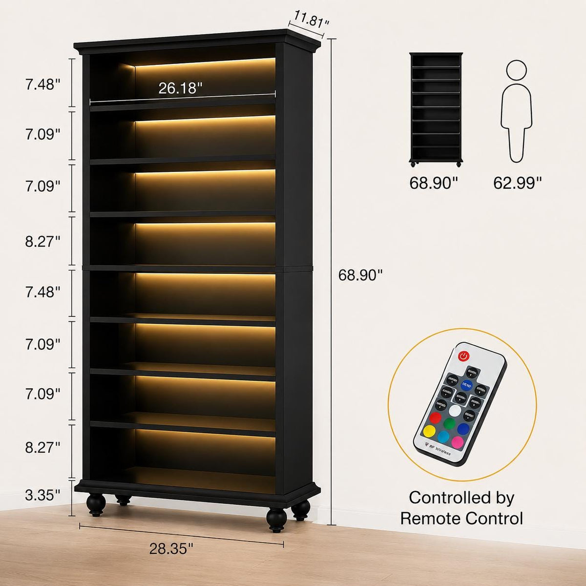 9-Tier LED Shoe Cabinet, 30 Pair Wood Storage Organizer, Adjustable Shelves, 64-Color Lights