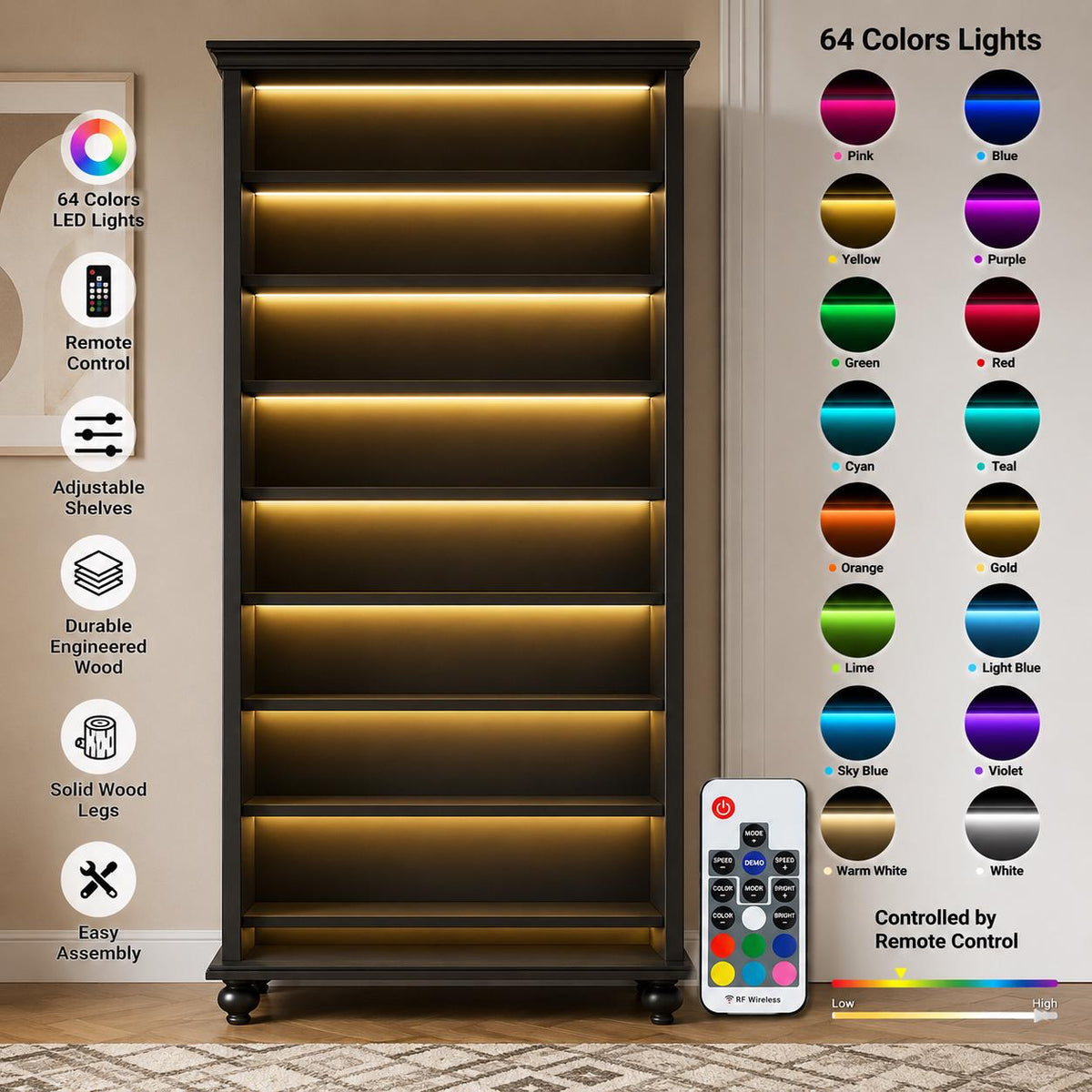 9-Tier LED Shoe Cabinet, 30 Pair Wood Storage Organizer, Adjustable Shelves, 64-Color Lights