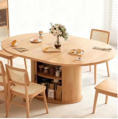 Extendable Round Dining Table 63in 2-6 Seats Kitchen Table 2-Tier Storage Farmhouse Fluted Wood Door Walnut Customized