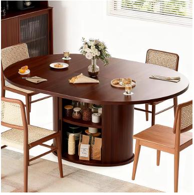 Extendable Round Dining Table 63in 2-6 Seats Kitchen Table 2-Tier Storage Farmhouse Fluted Wood Door Walnut Customized