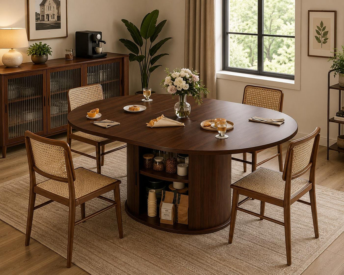 Extendable Round Dining Table 63in 2-6 Seats Kitchen Table 2-Tier Storage Farmhouse Fluted Wood Door Walnut Customized