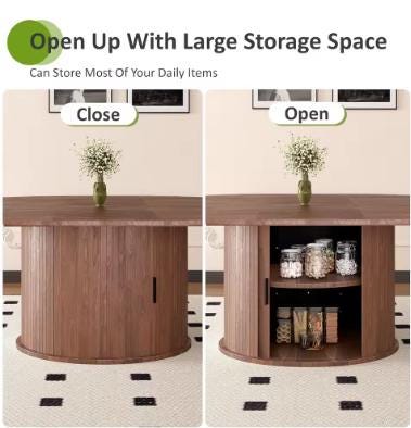 Extendable Round Dining Table 63in 2-6 Seats Kitchen Table 2-Tier Storage Farmhouse Fluted Wood Door Walnut Customized