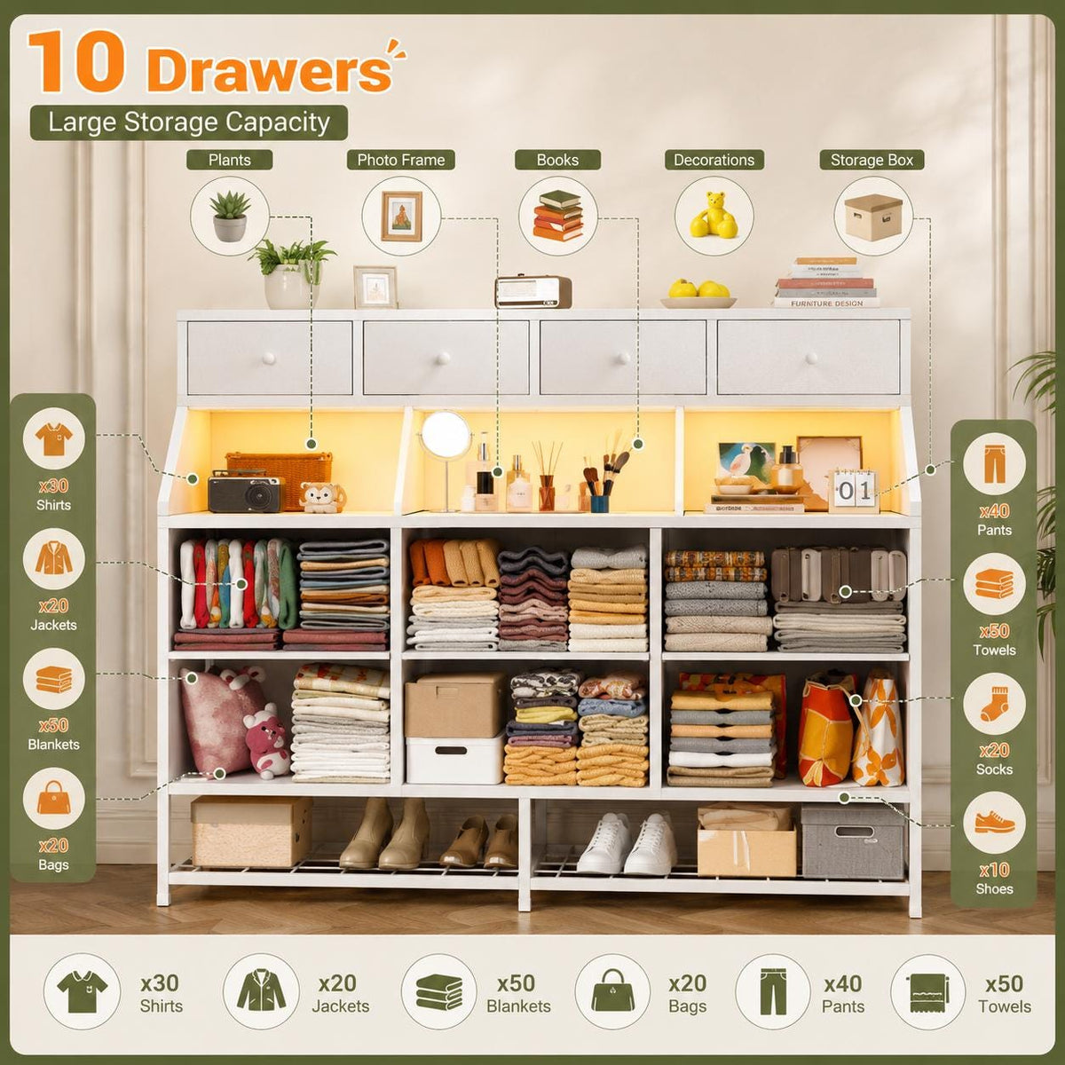 10-Drawer LED Dresser with Shoe Rack and Charging Station, Modern Organizer
