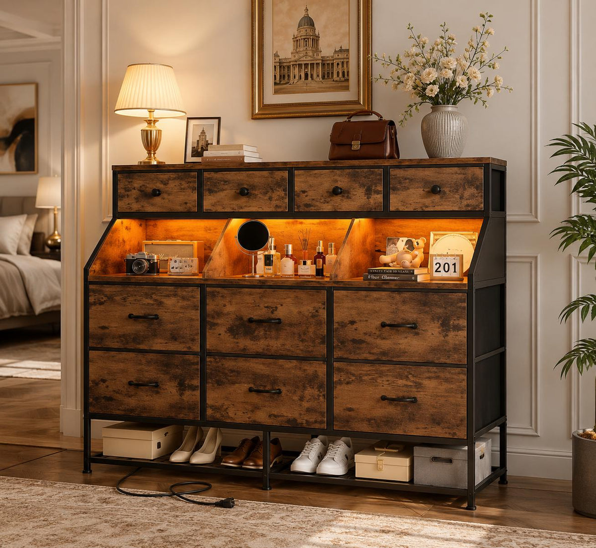 10-Drawer LED Dresser with Shoe Rack and Charging Station, Modern Organizer