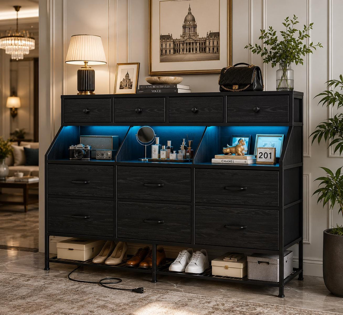 10-Drawer LED Dresser with Shoe Rack and Charging Station, Modern Organizer