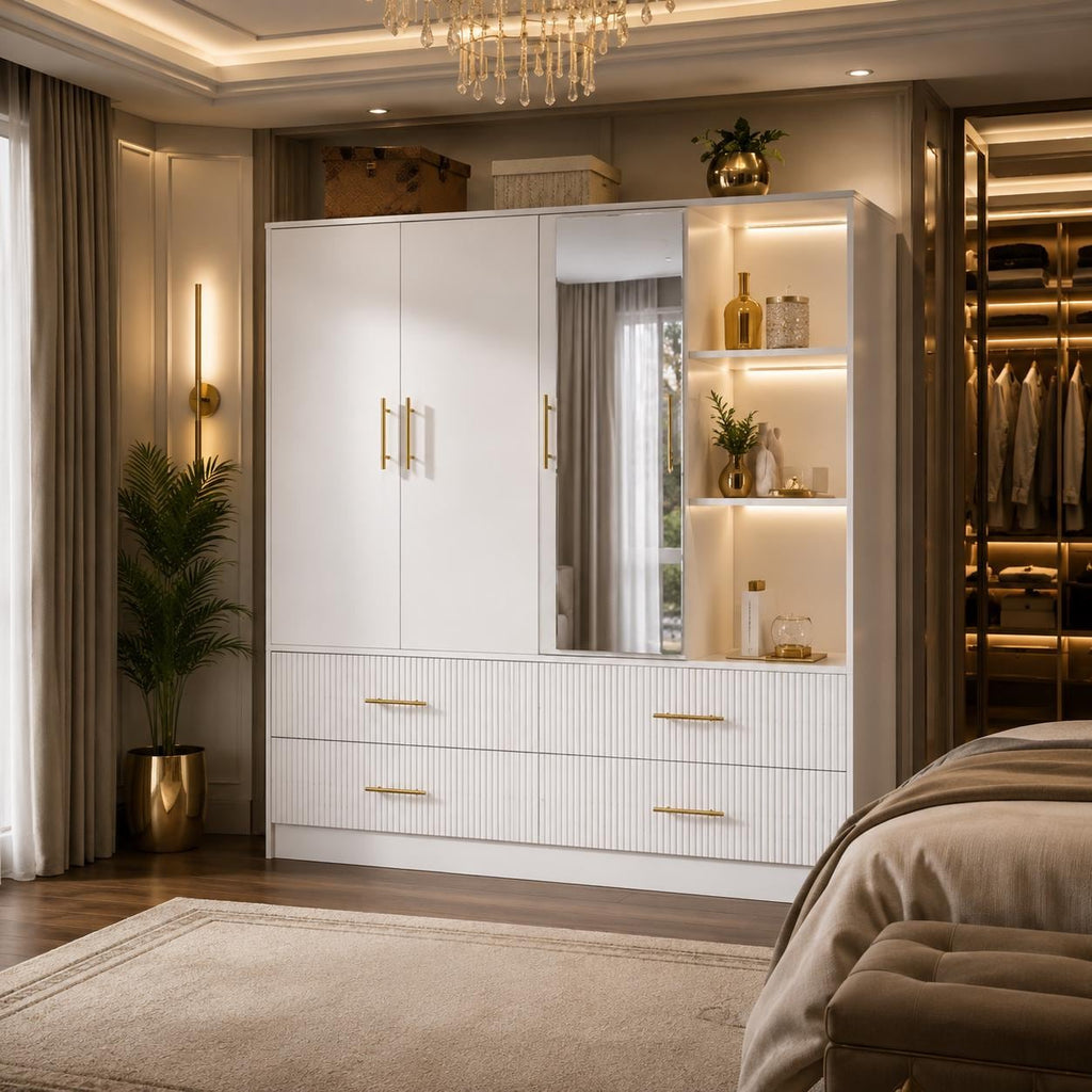 3-Door Wardrobe with Mirror, LED Lights, 4 Drawers, Bedroom Storage Cabinet