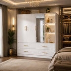 3-Door Wardrobe with Mirror, LED Lights, 4 Drawers, Bedroom Storage Cabinet