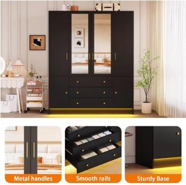 75” Tall Wardrobe Closet with 4 Doors, 3 Drawers, Modern Armoire with Mirror & LED Lights, Wooden Armoire Wardrobe Customized