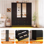 75” Tall Wardrobe Closet with 4 Doors, 3 Drawers, Modern Armoire with Mirror & LED Lights, Wooden Armoire Wardrobe Customized