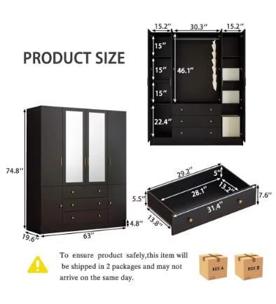 75” Tall Wardrobe Closet with 4 Doors, 3 Drawers, Modern Armoire with Mirror & LED Lights, Wooden Armoire Wardrobe Customized
