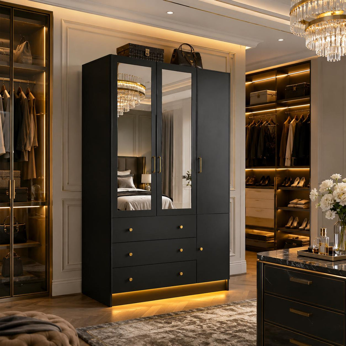 Black Armoire Wardrobe with Mirror, RGB LED Lights, 3 Doors, Drawers