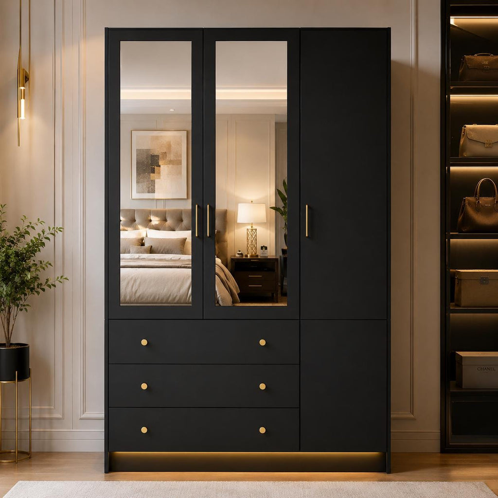 Black Armoire Wardrobe with Mirror, RGB LED Lights, 3 Doors, Drawers