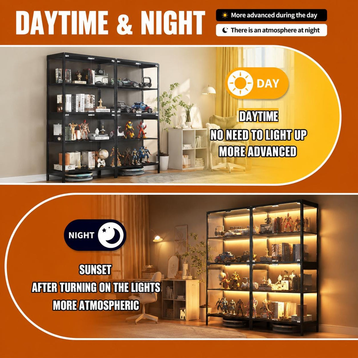 Black Glass Display Cabinet, 4 Tier Curio Showcase, RGB LED Motion Sensor Lighting