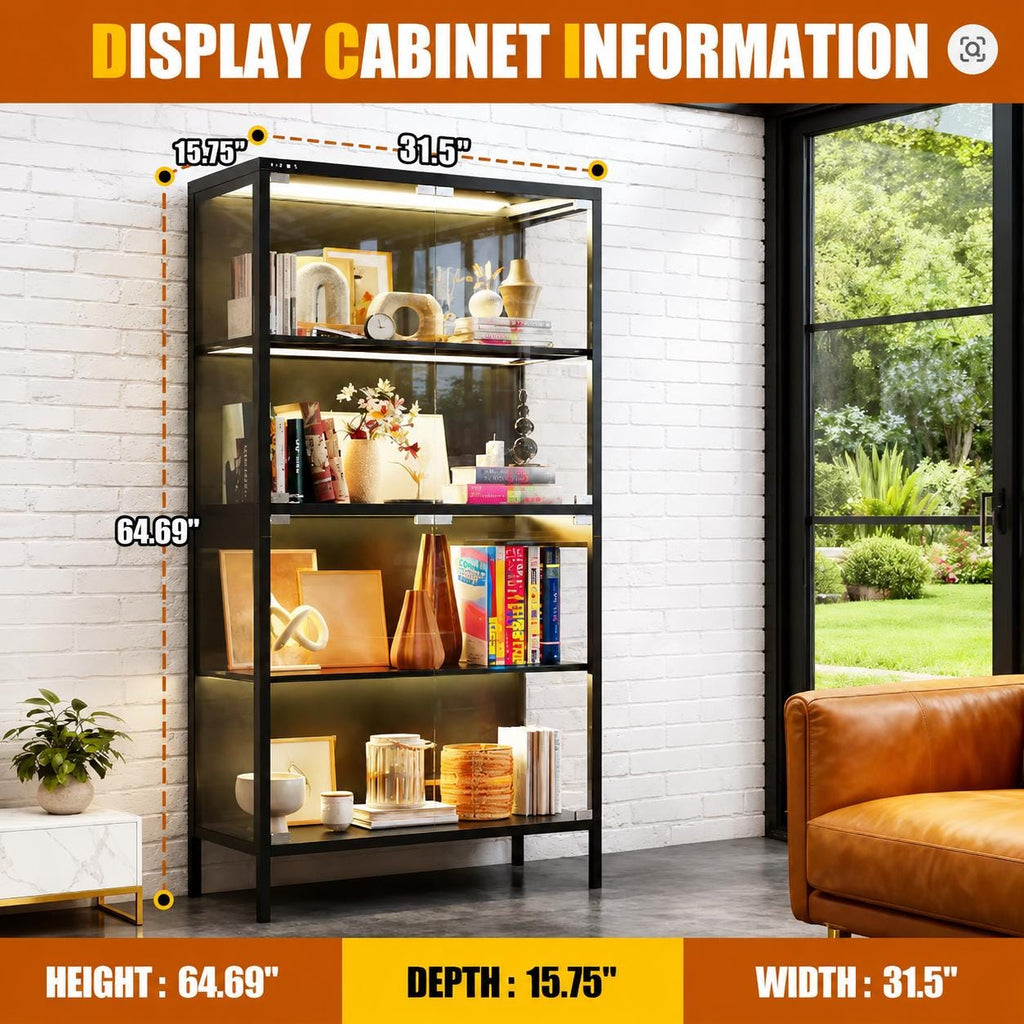 Black Glass Display Cabinet, 4 Tier Curio Showcase, RGB LED Motion Sensor Lighting