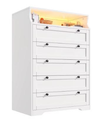EnHomee Tall 5 Drawer Dresser with LED Lights and 2 Shelves for Bedroom Hallway or Entryway