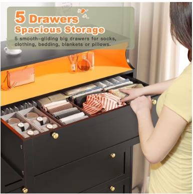 EnHomee Tall 5 Drawer Dresser with LED Lights and 2 Shelves for Bedroom Hallway or Entryway