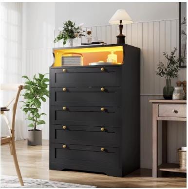 EnHomee Tall 5 Drawer Dresser with LED Lights and 2 Shelves for Bedroom Hallway or Entryway