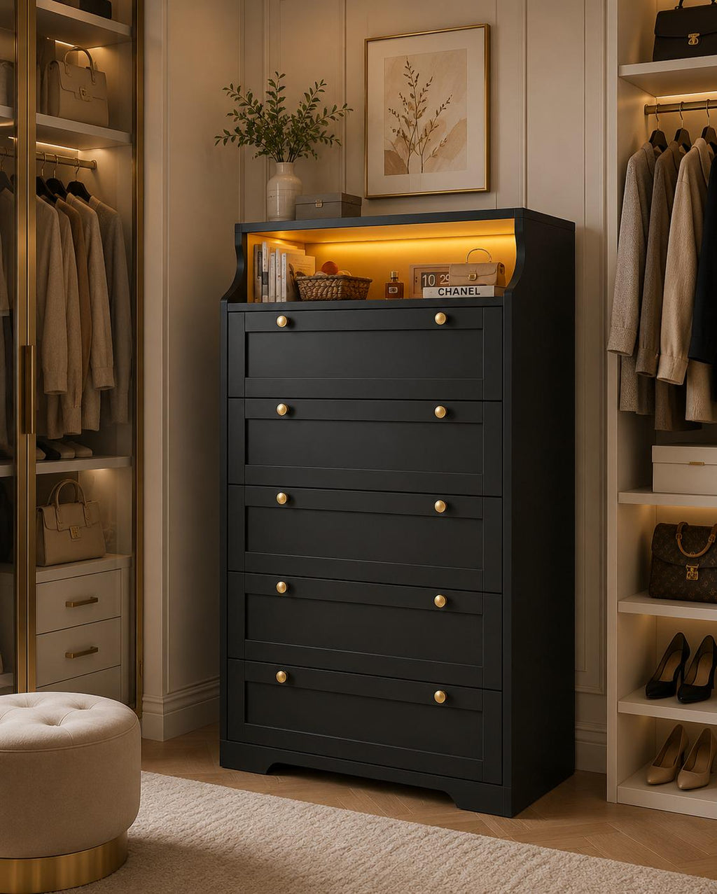 EnHomee Tall 5 Drawer Dresser with LED Lights and 2 Shelves for Bedroom Hallway or Entryway