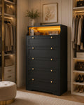 EnHomee Tall 5 Drawer Dresser with LED Lights and 2 Shelves for Bedroom Hallway or Entryway