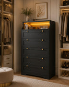 EnHomee Tall 5 Drawer Dresser with LED Lights and 2 Shelves for Bedroom Hallway or Entryway