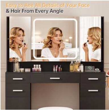 Black Makeup Vanity Set with Tri-Fold Mirror and Lighting, Modern Style Storage