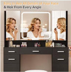 Black Makeup Vanity Set with Tri-Fold Mirror and Lighting, Modern Style Storage