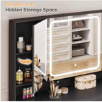Black Makeup Vanity Set with Tri-Fold Mirror and Lighting, Modern Style Storage