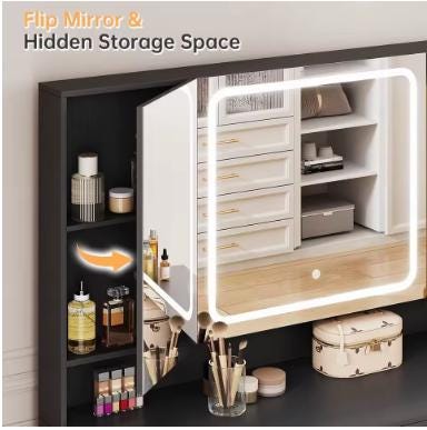 Black Makeup Vanity Set with Tri-Fold Mirror and Lighting, Modern Style Storage
