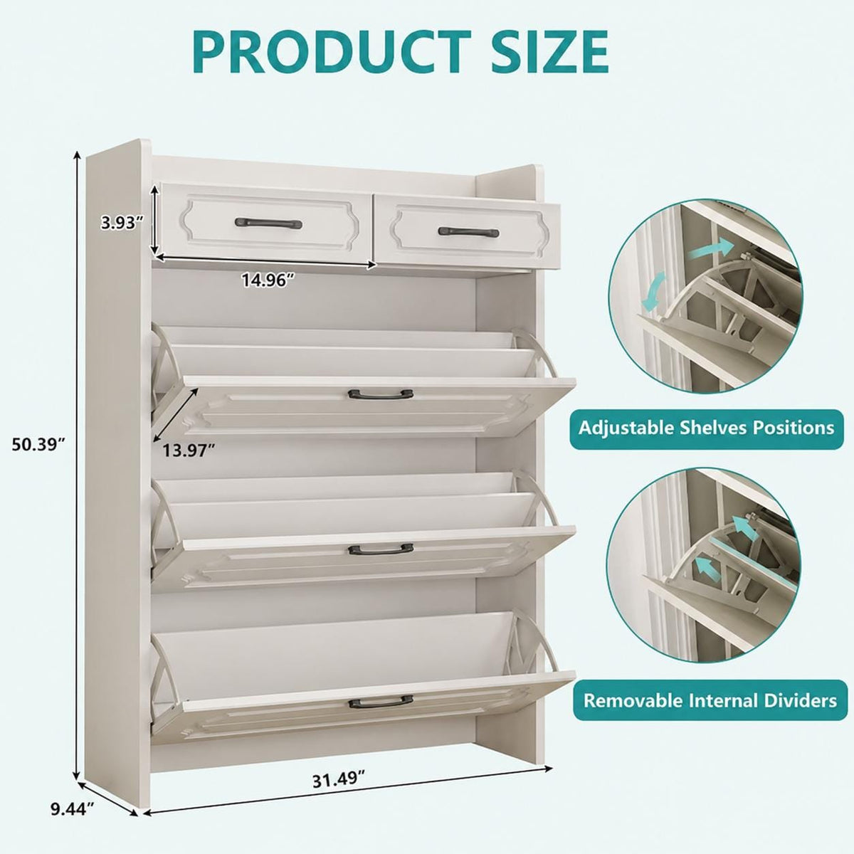 Slim Shoe Cabinet, 3 Flip Drawers, 2 Storage Drawers, White Entryway Organizer