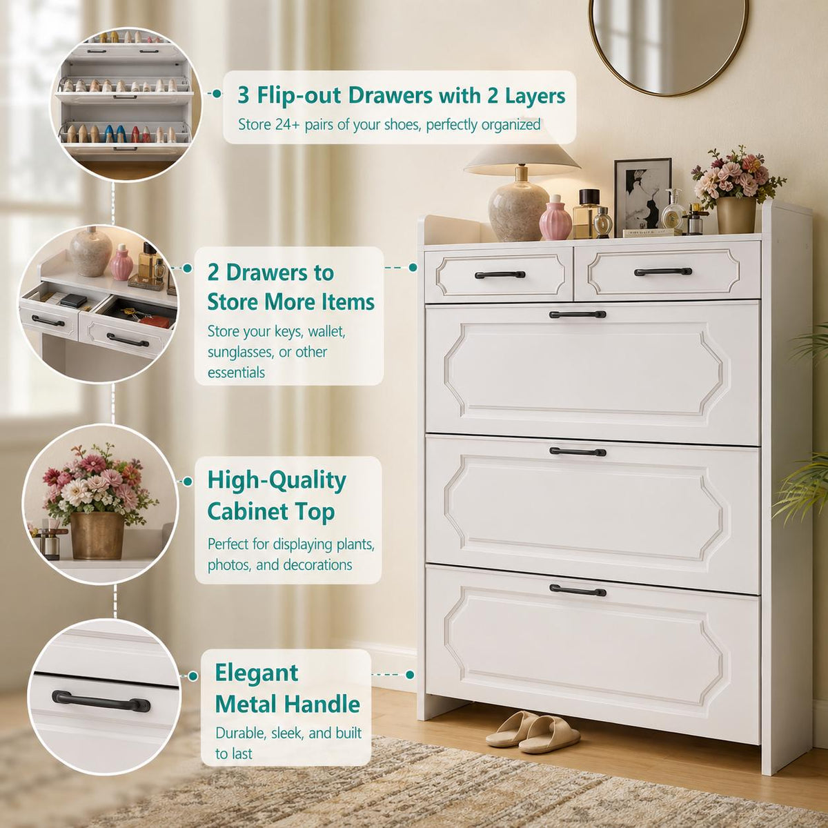 Slim Shoe Cabinet, 3 Flip Drawers, 2 Storage Drawers, White Entryway Organizer