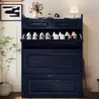 Slim Shoe Cabinet, 3 Flip Drawers, 2 Storage Drawers, White Entryway Organizer