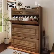 Slim Shoe Cabinet, 3 Flip Drawers, 2 Storage Drawers, White Entryway Organizer