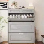 Slim Shoe Cabinet, 3 Flip Drawers, 2 Storage Drawers, White Entryway Organizer