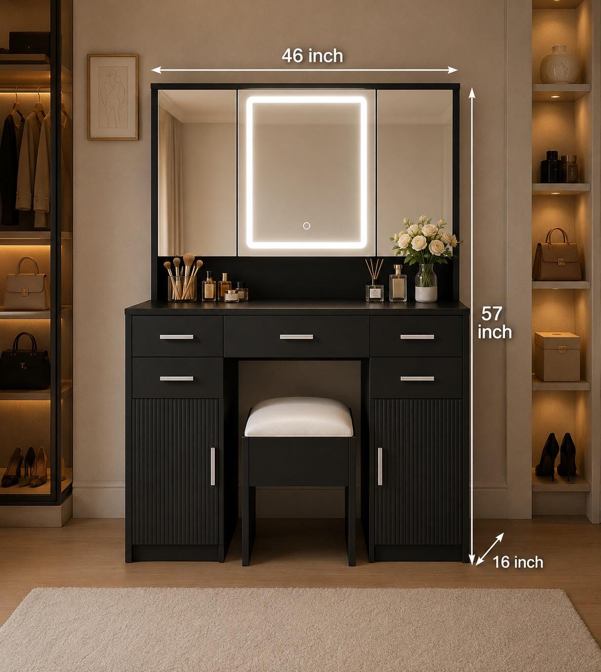 Black Makeup Vanity Set with Tri-Fold Mirror and Lighting, Modern Style Storage