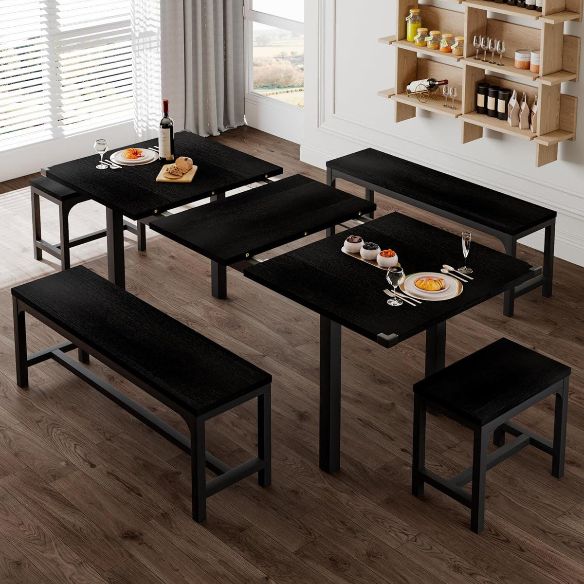 Feonase 5-Piece Extendable Dining Table Set for 4-8 People, 63" Kitchen Table with 2 Benches & 2 Stools, Black