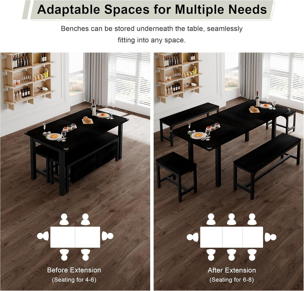 Feonase 5-Piece Extendable Dining Table Set for 4-8 People, 63" Kitchen Table with 2 Benches & 2 Stools, Black