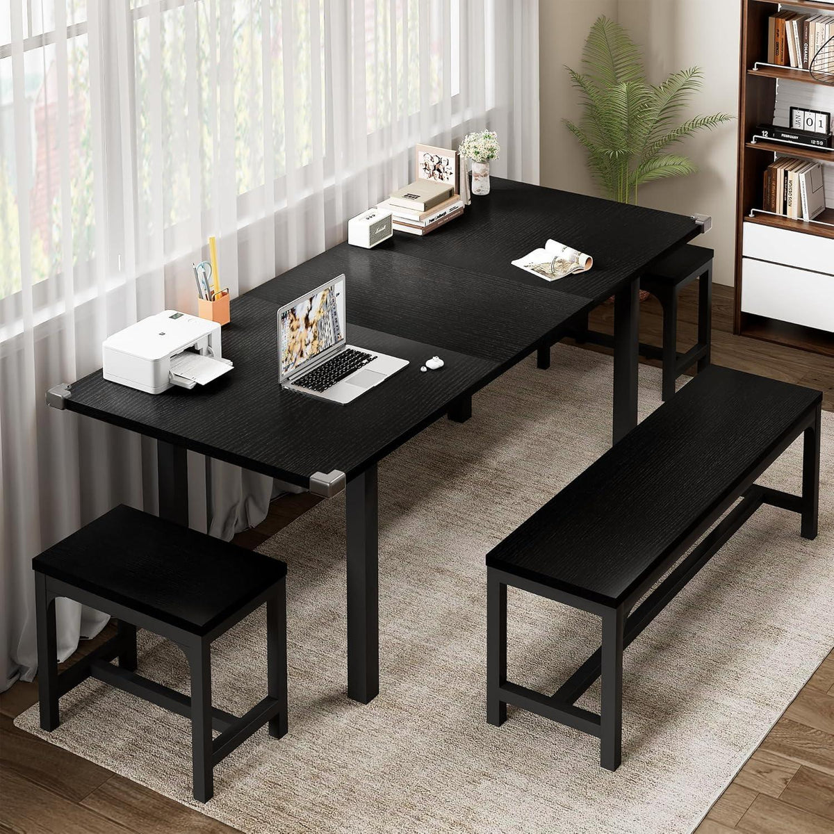 Feonase 5-Piece Extendable Dining Table Set for 4-8 People, 63" Kitchen Table with 2 Benches & 2 Stools, Black