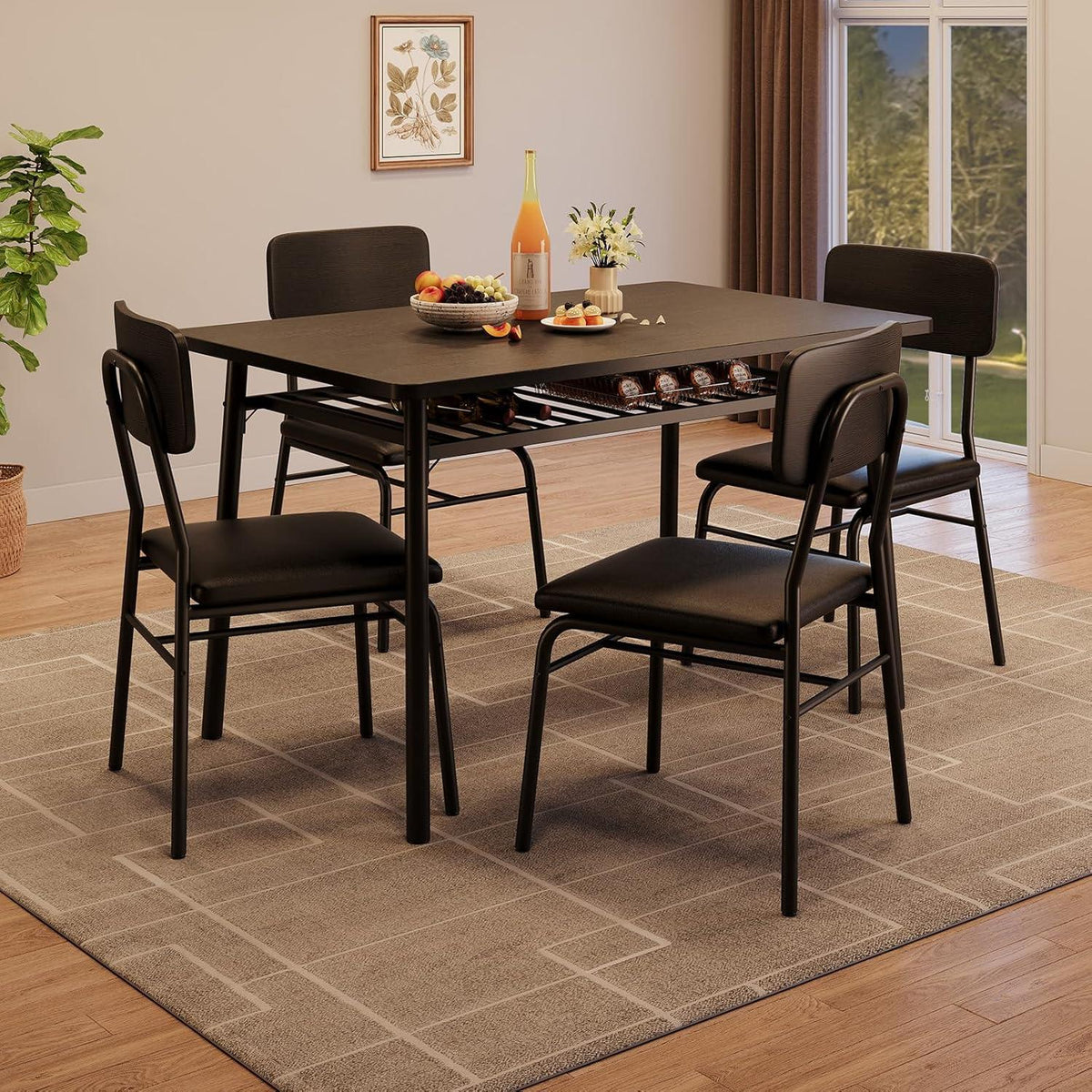 GarveeHome 5-Piece Dining Table Set for 4, Kitchen Table with Storage Rack & 4 Upholstered Chairs, Wood Top, Metal Frame, Black