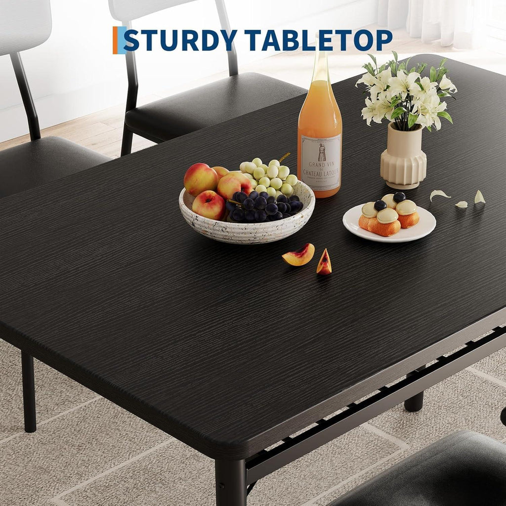 GarveeHome 5-Piece Dining Table Set for 4, Kitchen Table with Storage Rack & 4 Upholstered Chairs, Wood Top, Metal Frame, Black