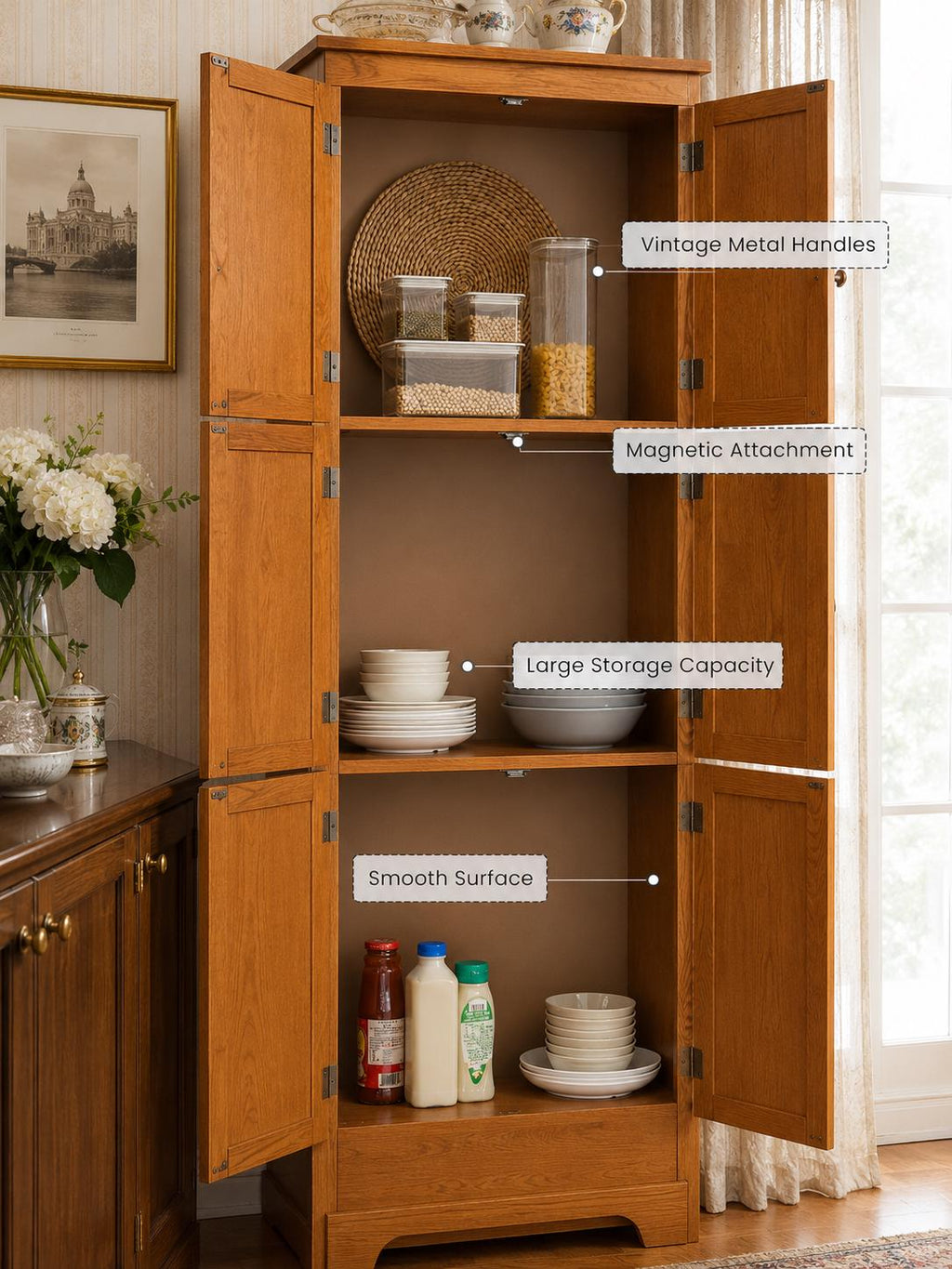 Farmhouse Tall Storage Cabinet with 8 Doors – 72"Pantry Cabinet, 4 Adjustable Shelves, Freestanding Storage Organizer for Kitchen,