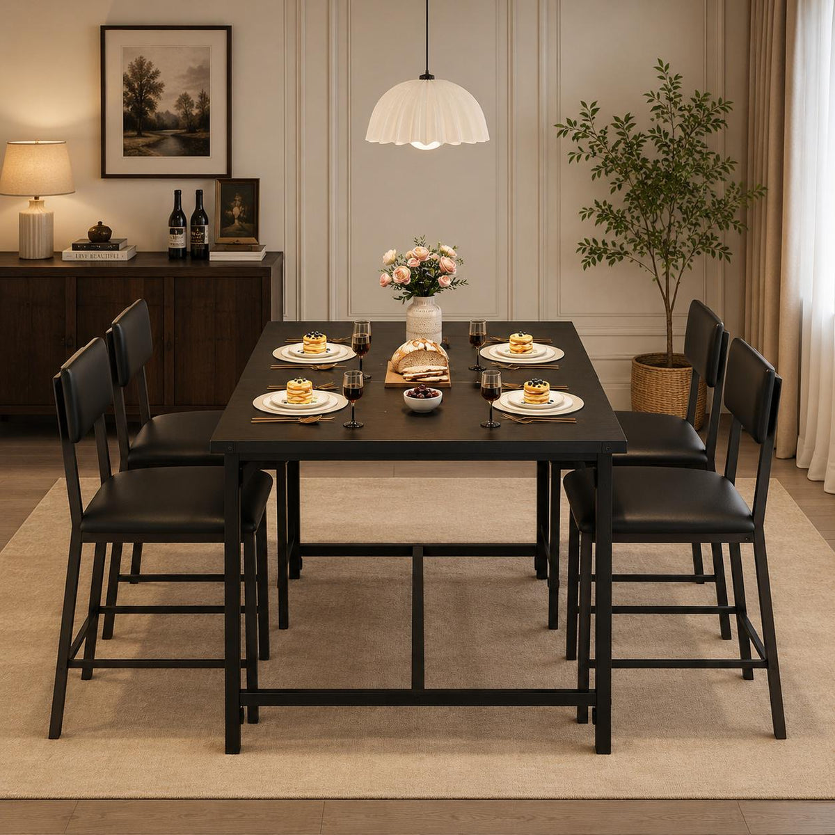 IDEALHOUSE 5-Piece Counter Height Dining Set for 4, Table with Footrest & Corner Protectors, 4 Upholstered Bar Stools, Rustic Black