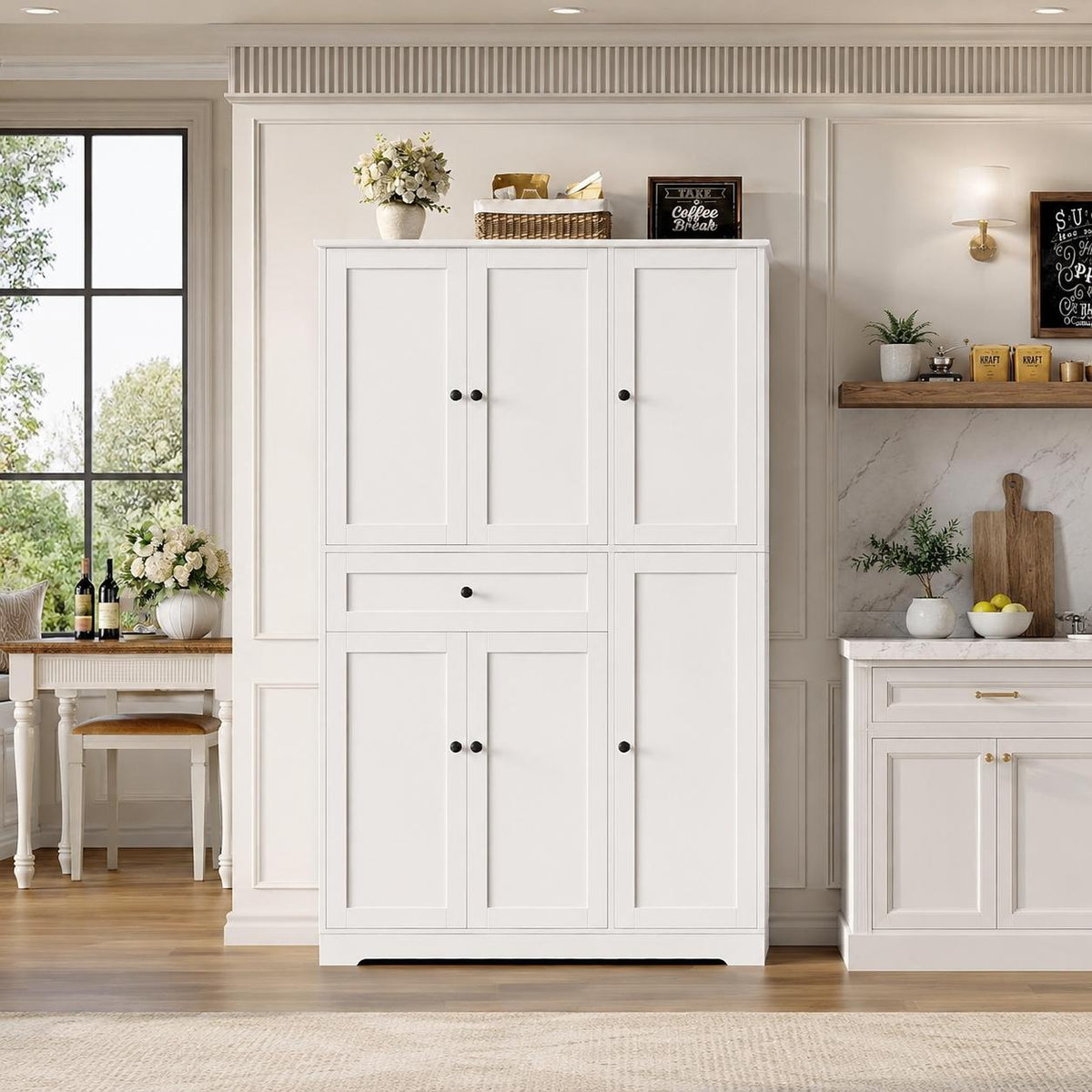 68” Tall Kitchen Pantry Cabinet with Drawer | White Freestanding Storage Cabinet with Doors & Shelves | Modern Kitchen Hutch Organizer