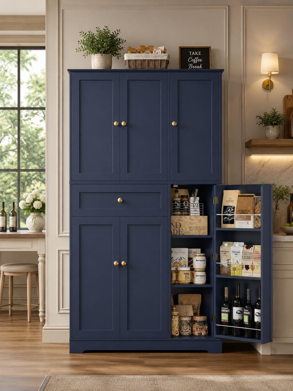 68” Tall Kitchen Pantry Cabinet with Drawer | White Freestanding Storage Cabinet with Doors & Shelves | Modern Kitchen Hutch Organizer