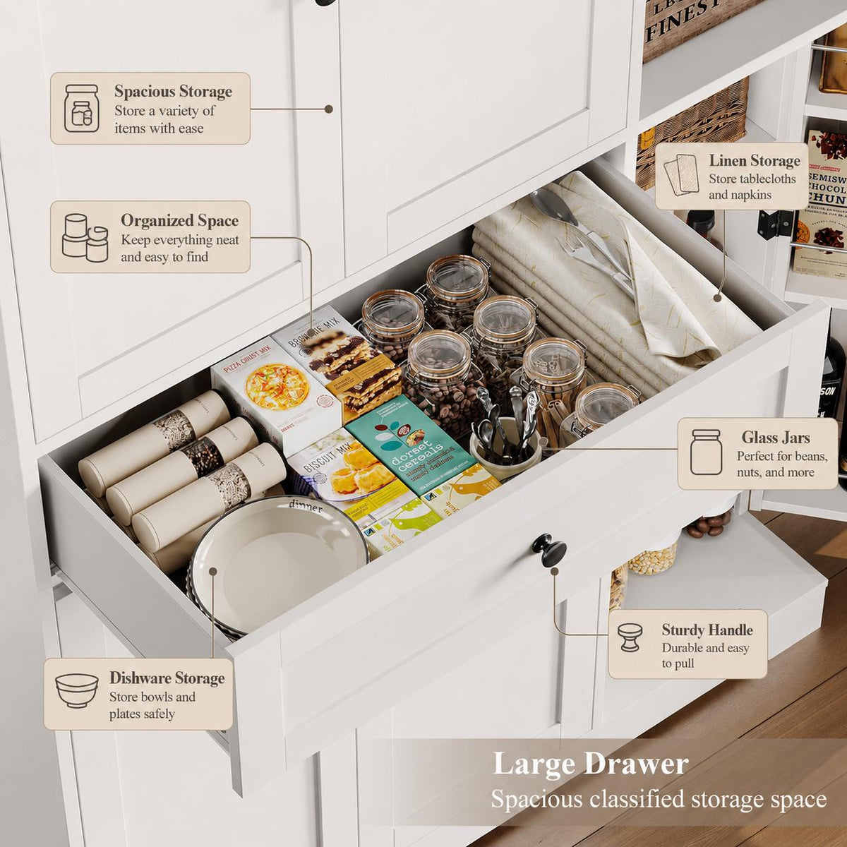 68” Tall Kitchen Pantry Cabinet with Drawer | White Freestanding Storage Cabinet with Doors & Shelves | Modern Kitchen Hutch Organizer