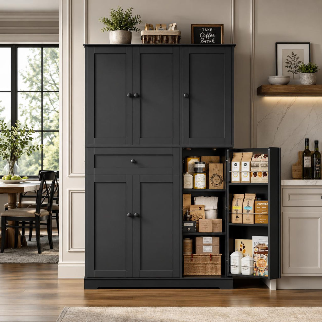 68” Tall Kitchen Pantry Cabinet with Drawer | White Freestanding Storage Cabinet with Doors & Shelves | Modern Kitchen Hutch Organizer