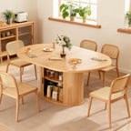 Wildhome 63" Extendable Round Dining Table for 2-6, Farmhouse Oval Table with 2-Tier Storage Shelf & Sliding Door, Oak