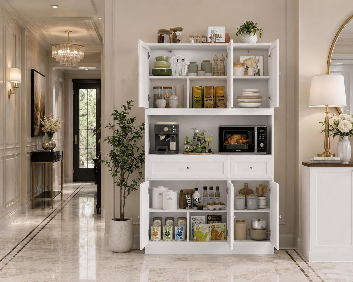 72" White Farmhouse Kitchen Pantry Cabinet Hutch, Microwave Stand, Storage Shelves